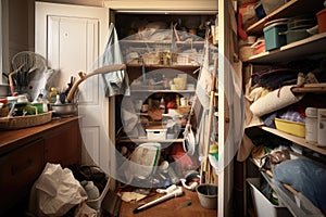 cleaning supplies overflowing from cluttered closet