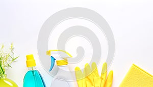 Cleaning supplies set on white background