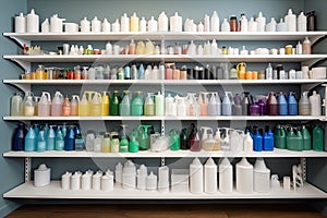 cleaning supplies shelf, neatly organized and fully stocked