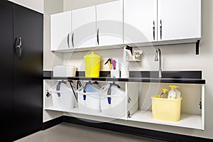 cleaning supplies in sleek, modern storage unit