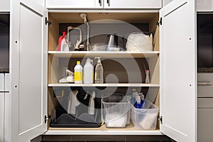 cleaning supplies in sleek, modern storage unit