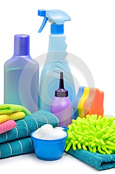 Cleaning supplies, sponge, microfibre, towels, napkins photo
