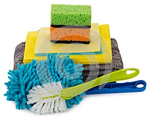 Cleaning supplies, sponges, rags, brushes