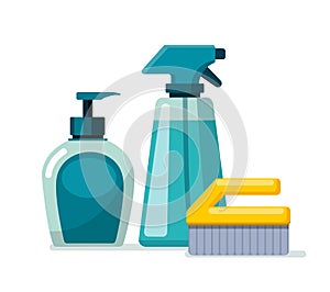 Cleaning supplies. Spray, soap and brush on a white background.