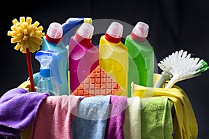 Cleaning supplies and tools in basket