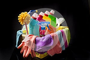 Cleaning supplies and tools in basket