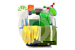 Cleaning Supplies With Yellow Gloves