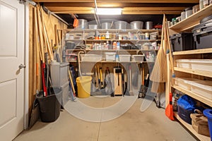 cleaning supply closet, fully stocked with mops, brooms and cleaning products