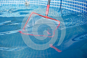 Cleaning the surface of your home pool with a net