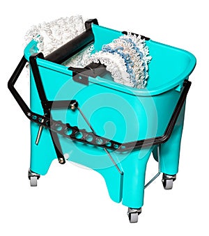 Cleaning tool, turquoise bucket on wheels with an original rag wringing system