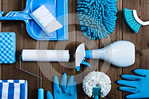 Cleaning tools blue background