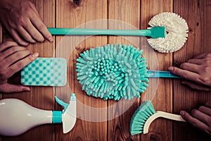 Cleaning tools blue background