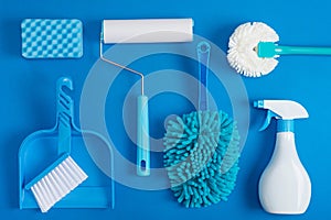 Cleaning tools blue background