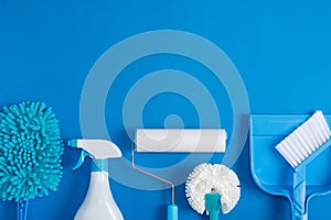 Cleaning tools blue background