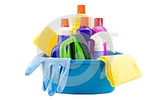 Cleaning tools in bucket on white background