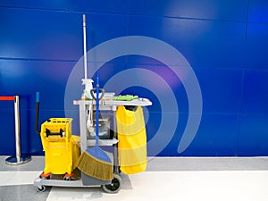 Cleaning tools cart wait for cleaning.Bucket and set of cleaning equipment in the office