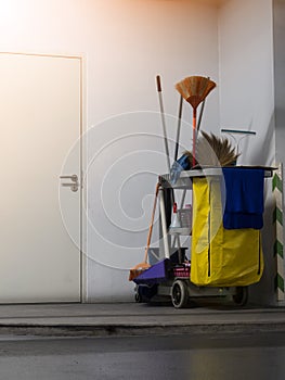 Cleaning tools cart wait for cleaning.Bucket and set of cleaning equipment in the office