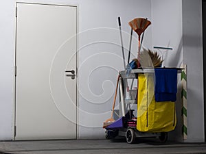 Cleaning tools cart wait for cleaning.Bucket and set of cleaning equipment in the office