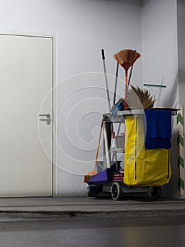 Cleaning tools cart wait for cleaning.Bucket and set of cleaning equipment in the office