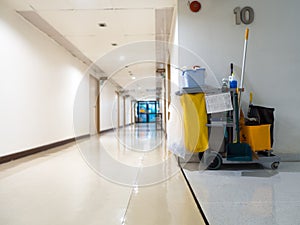 Cleaning tools cart wait for maid or cleaner in the hospital. Bucket and set of cleaning equipment in the hospital. Concept of