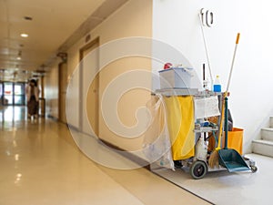 Cleaning tools cart wait for maid or cleaner in the hospital. Bucket and set of cleaning equipment in the hospital. Concept of ser