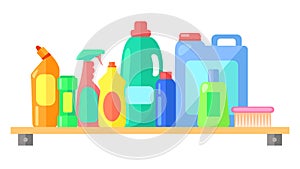 Cleaning tools, collection of bottles or containers with detergent for washing or cleaning interior