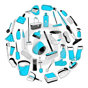 Cleaning tools collection.Washing equipment for floor,windows and dust removing.Vector doodle style set for purifying