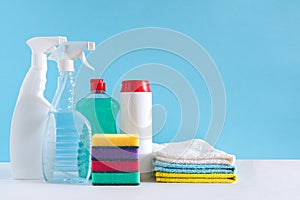 Cleaning tools for different surfaces in the premises. Concept of cleaning services