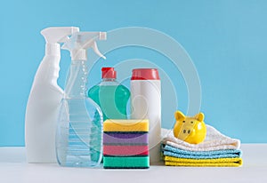 Cleaning tools for different surfaces in the premises. Concept of cleaning services