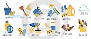 Cleaning tools elements, detergent, duster set. Vector illustration in