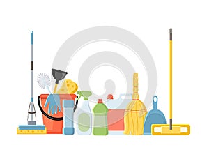 Cleaning tools in flat cartoon style vector illustration isolate