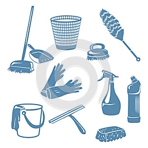Cleaning tools in a home,contoured shape, silhouette
