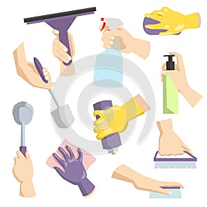 Cleaning tools in housewife hand perfect for housework packaging and domestic hygiene kitchenware cleaning service