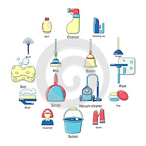 Cleaning tools icons set, cartoon style