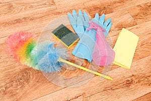 Cleaning tools on a parquet floor