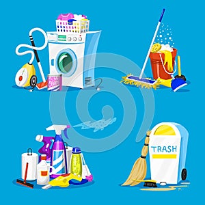 Cleaning tools. Set of House icons for poster. Washing machine, Detergents Cleanser for apartments, Water bucket for