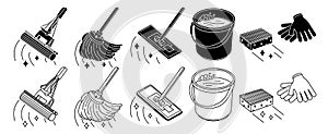 Cleaning tools set, mop, bucket thin line icon, isolated on white. Vector illustration.