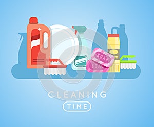 Cleaning tools vector set. Detergents for cleaning home or hotel photo