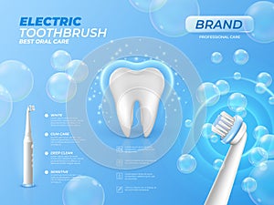 Cleaning toothbrush poster. Whiting bristle. Realistic electrical teeth brush in foam. Soap bubbles. Shiny molar. Dental
