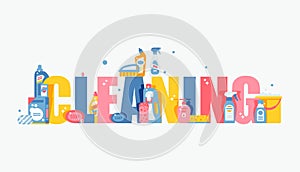 Cleaning typography vector illustration. Flat style cover for brochure or booklet, household products, cleanup tools and