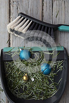 Cleaning up after christmas. Sweeping up pine needles and broken decorations