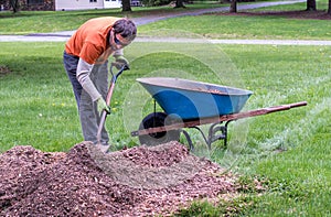Cleaning up mulch in a home owners yard