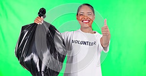 Cleaning, volunteer and woman on green screen for waste trash, pollution and climate change in thumbs up emoji. Face