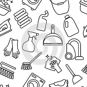 Cleaning, wash line icons. Washing machine, sponge, mop, iron, vacuum cleaner, shovel clining background. Order in the house thin photo