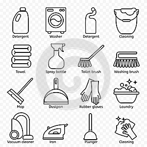Cleaning, wash line icons. Washing machine, sponge, mop, iron, vacuum cleaner, shovel and other clining icon. Order in the house t photo