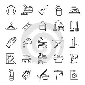 Cleaning and washing house, laundry outline vector icons. Antiseptic service line symbols