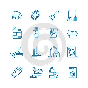 Cleaning and washing house outline vector icons. Antiseptic service line symbols