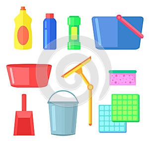 Cleaning or washing tools equipment for home, office, interior, collection of colorful flat icons