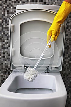 Cleaning of white toilet bowl