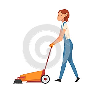 Cleaning Woman Pushing Floor Cleaning Machine, Professional Worker Character Dressed in Blue Overalls and Rubber Gloves